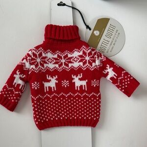 Wine Bottle Red and White Knit Sweater with Reindeer Pattern